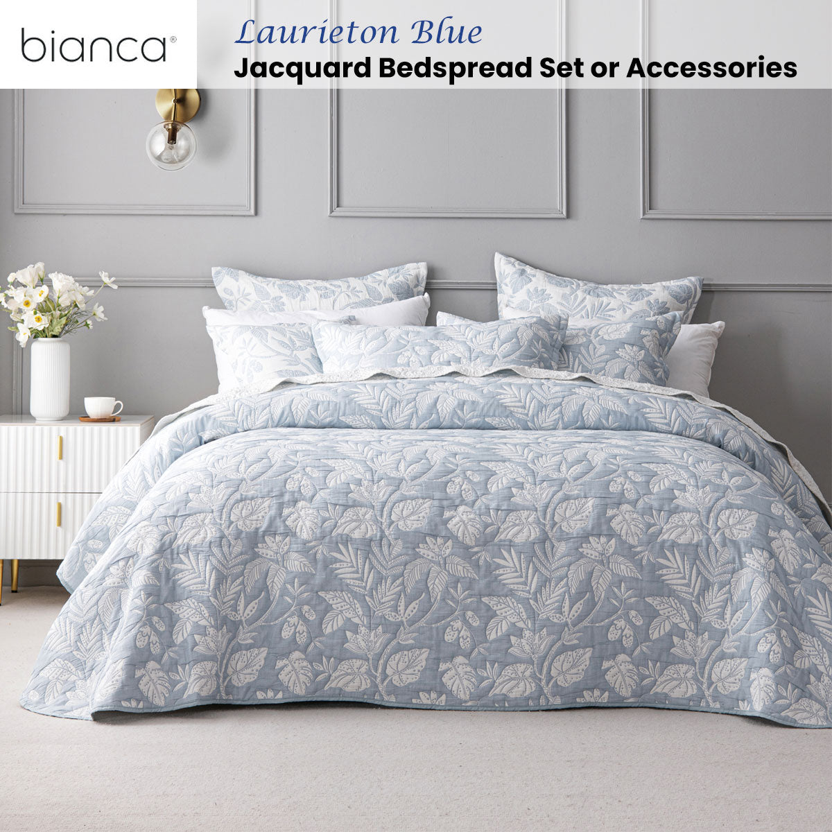 Bianca Laurieton Jacquard Botanical Bedspread Set – Blue Queen