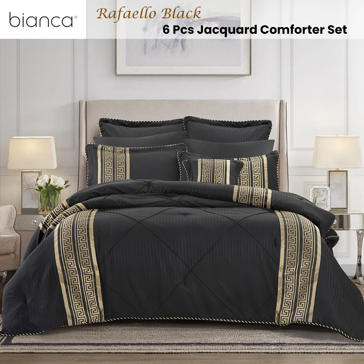Bianca Raffaello Black Jacquard Greek Key Comforter Set – Super King 6 Piece