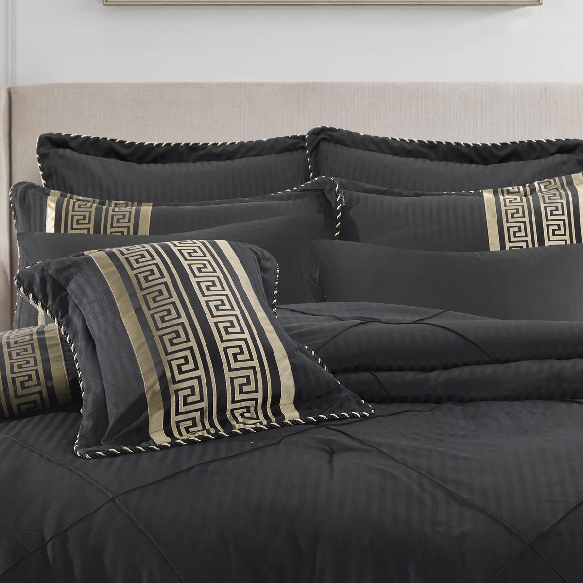 Bianca Raffaello Black Jacquard Greek Key Comforter Set – Super King 6 Piece