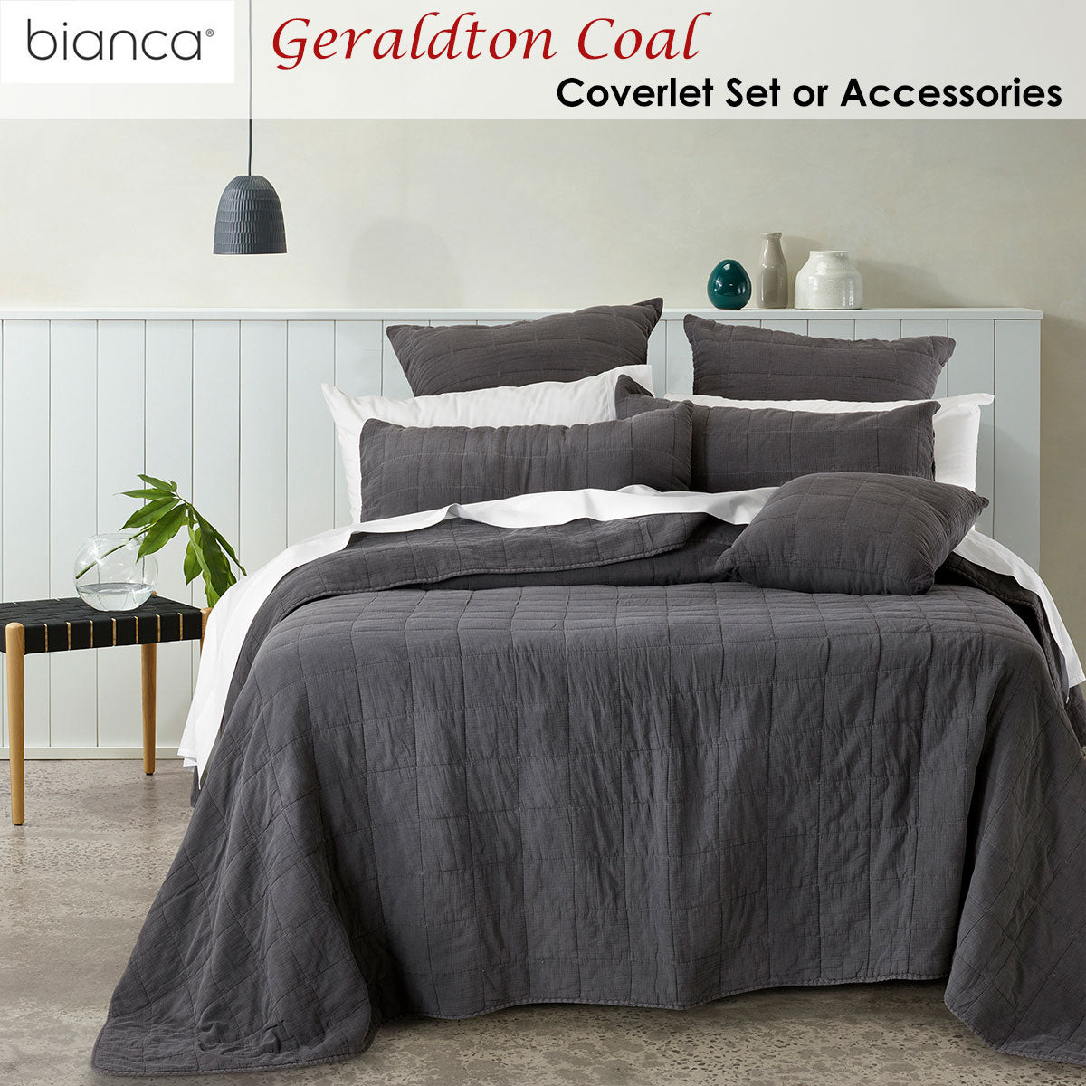 Bianca Geraldton Coal Coverlet Set 250x250 cm with Quilted Square Pattern - SuperSaverAU - view 2
