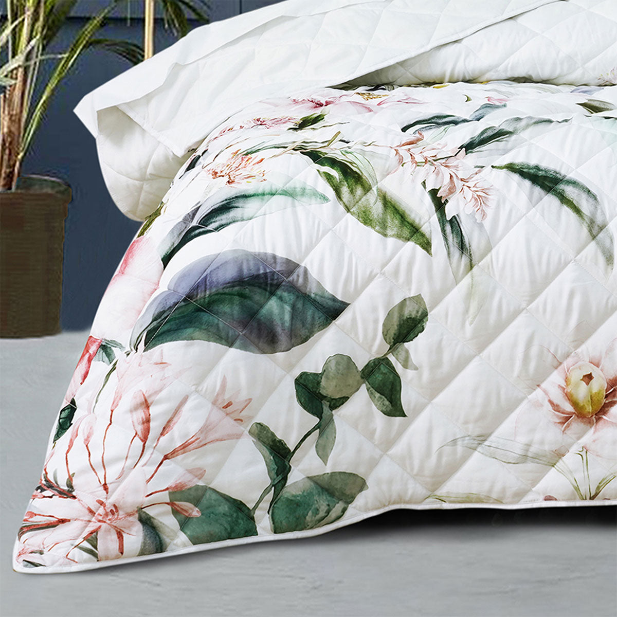 Bianca Indi Polyester Quilted Coverlet Set with Floral Print - White, Queen/King
