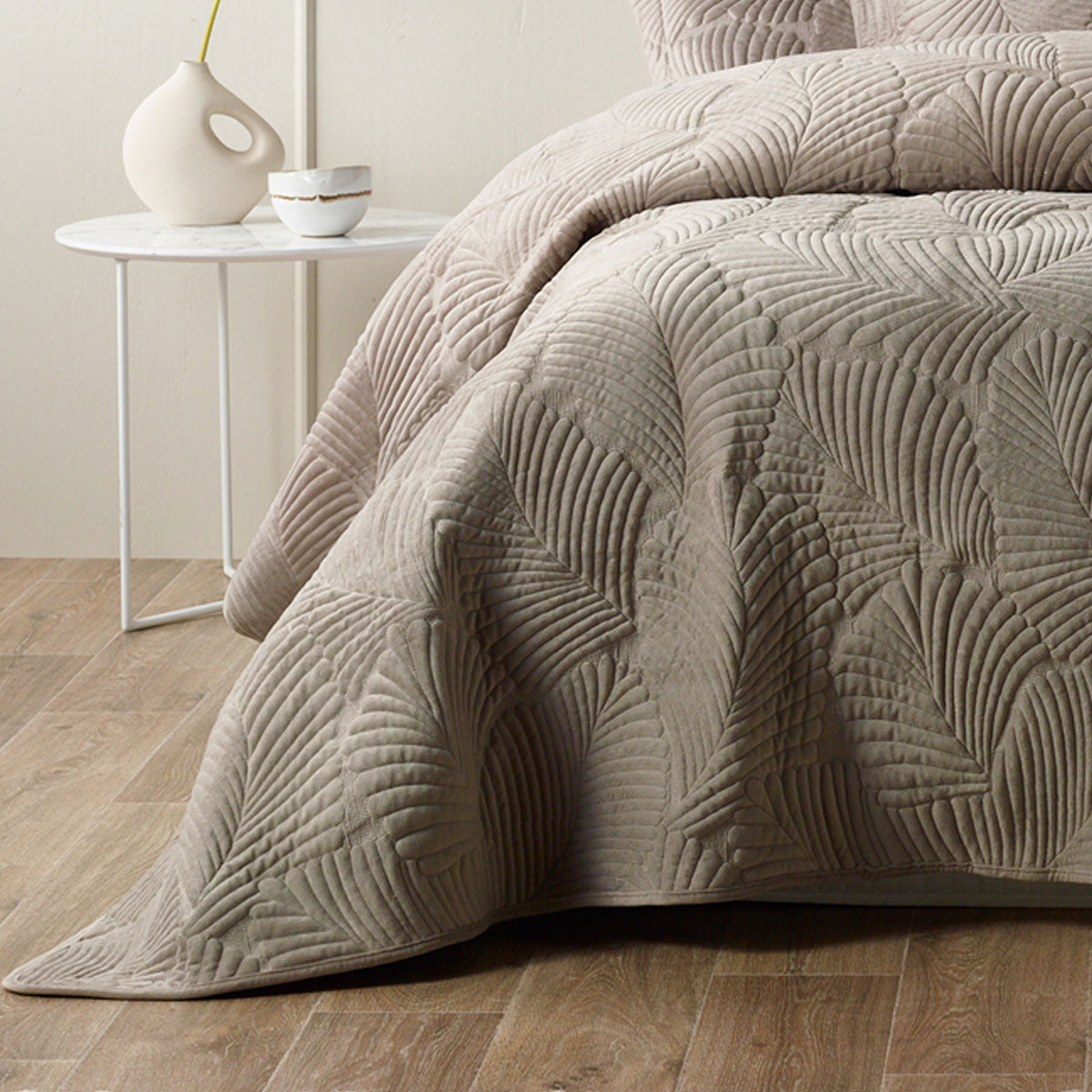 Bianca Kairo Taupe Velvet Coverlet Set - Queen/King, Quilted Leaf Design - SuperSaverAU - view 3