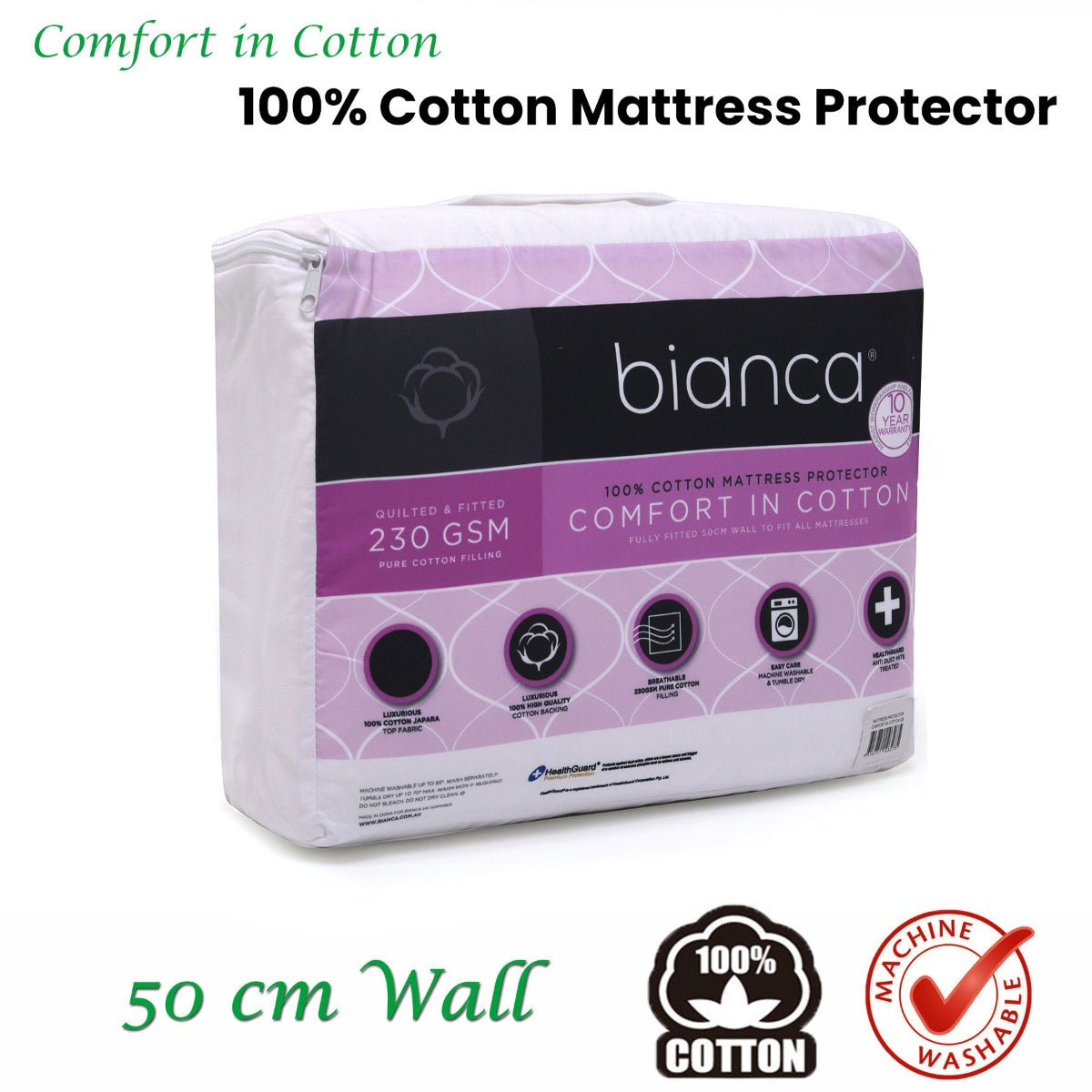 Bianca Cotton Mattress Protector Long Single 92 x 205 + 50cm, Anti Dust Mite - SuperSaverAU - view 2