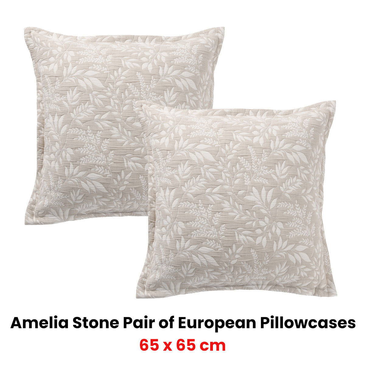 Bianca Ameila Stone European Pillowcases with Jacquard Foliage - 65 x 65cm Pair