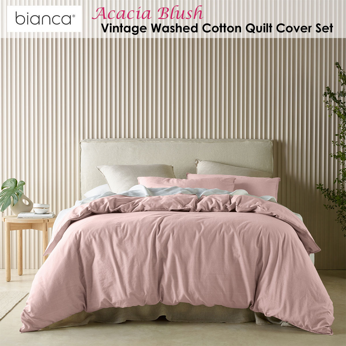 Bianca Acacia Blush Vintage Washed Cotton Quilt Cover Set Queen - Easy Care, Tailored Edge - SuperSaverAU - view 1