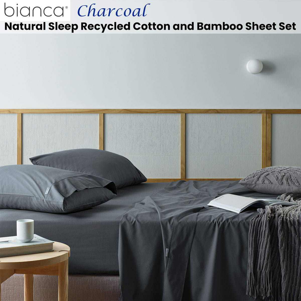 Bianca Natural Sleep Recycled Cotton Bamboo Sheet Set Charcoal Double 240x260cm - SuperSaverAU - view 2