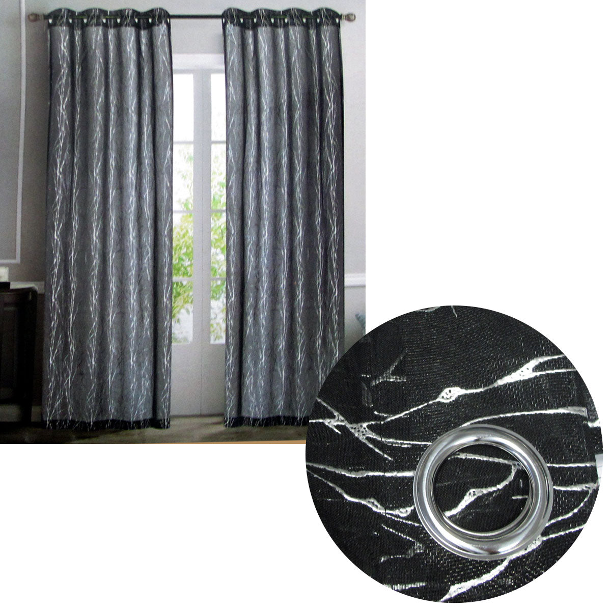 Pair of Foil Pattern Sheer Eyelet Curtains 137 x 213 cm - Black with Silver Foil - SuperSaverAU - view 1