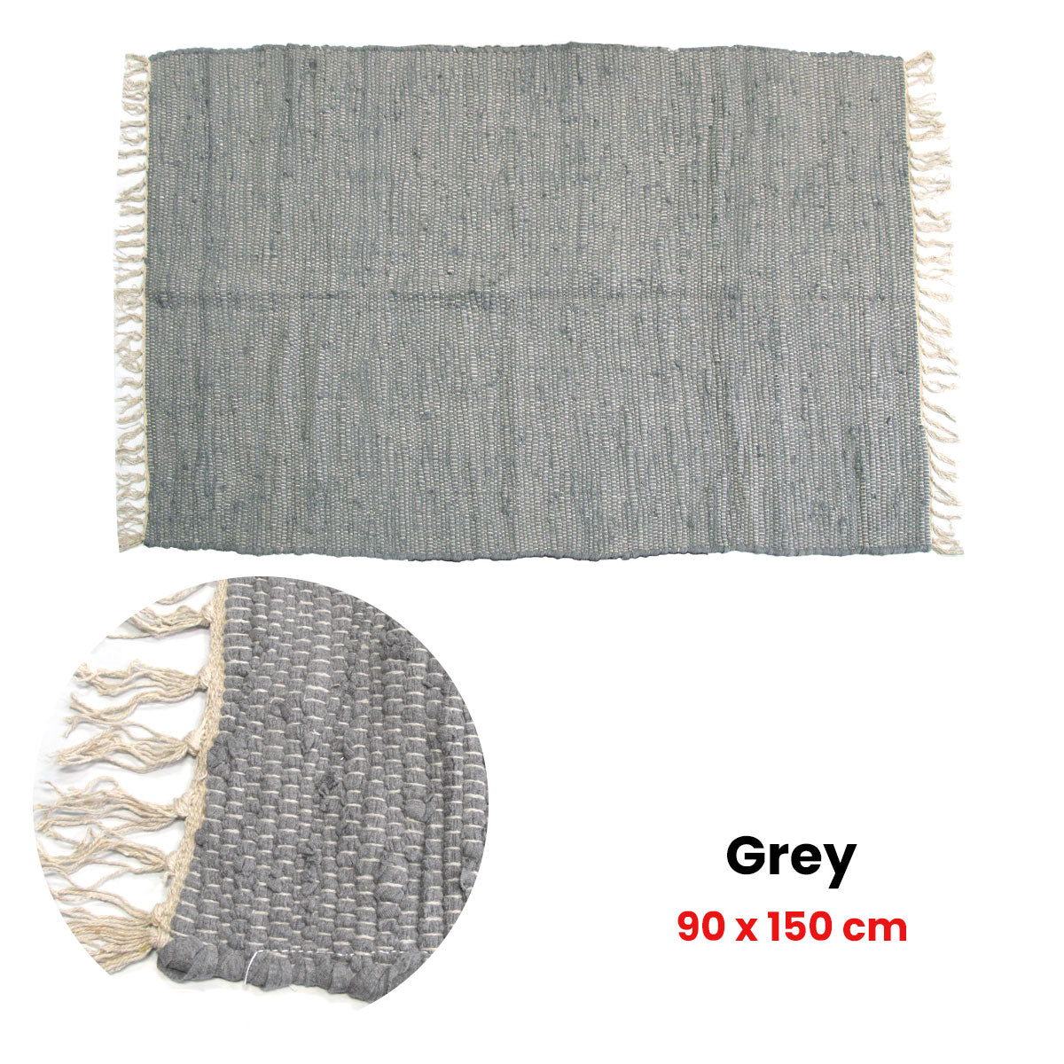 Large Chindi Cotton Handmade Floor Mat with Tassels 90 x 150 cm - Grey - SuperSaverAU - view 1