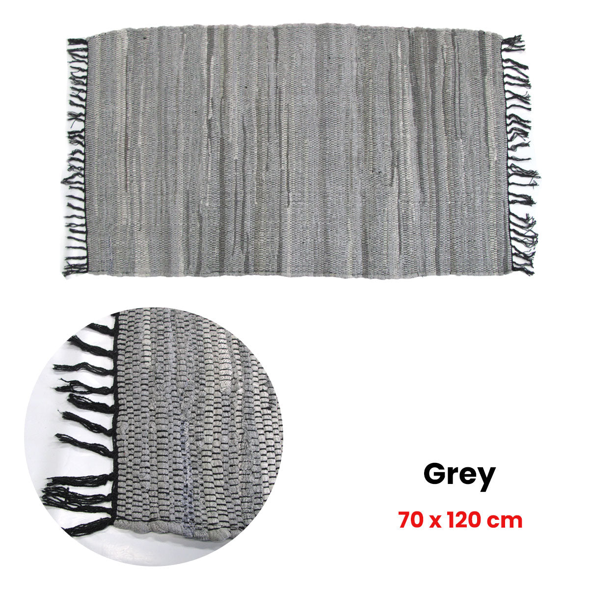 Tonal Chindi Cotton Handmade Floor Mat with Tassels 70 x 120 cm - Grey - SuperSaverAU - view 1