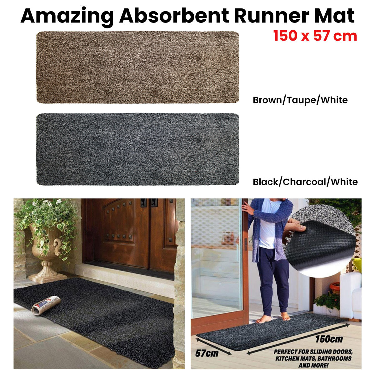 Amazing Absorbent Runner Mat 150 x 57 cm - Antislip, Textured Design, Black/Charcoal/White - SuperSaverAU - view 1