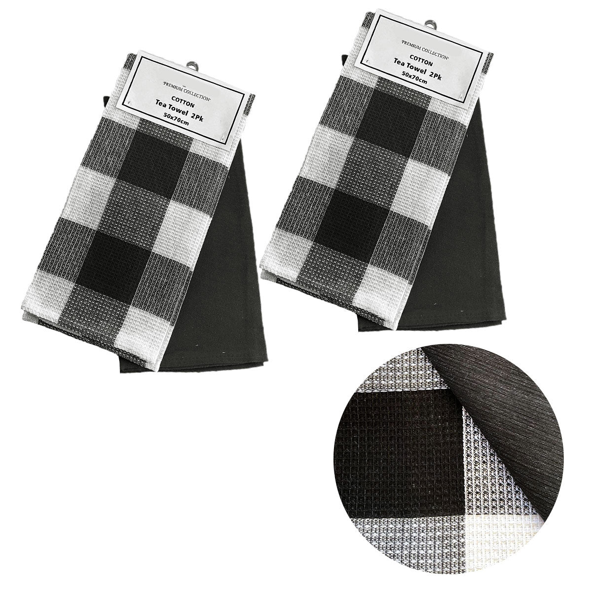 Set of 4 Cotton Waffle Checkered & Plain Dyed Tea Towels 50cm x 70cm Black - SuperSaverAU - view 1