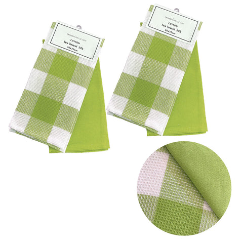 Set of 4 Cotton Waffle Checkered & Plain Dyed Tea Towels 50cm x 70cm Green - SuperSaverAU - view 1