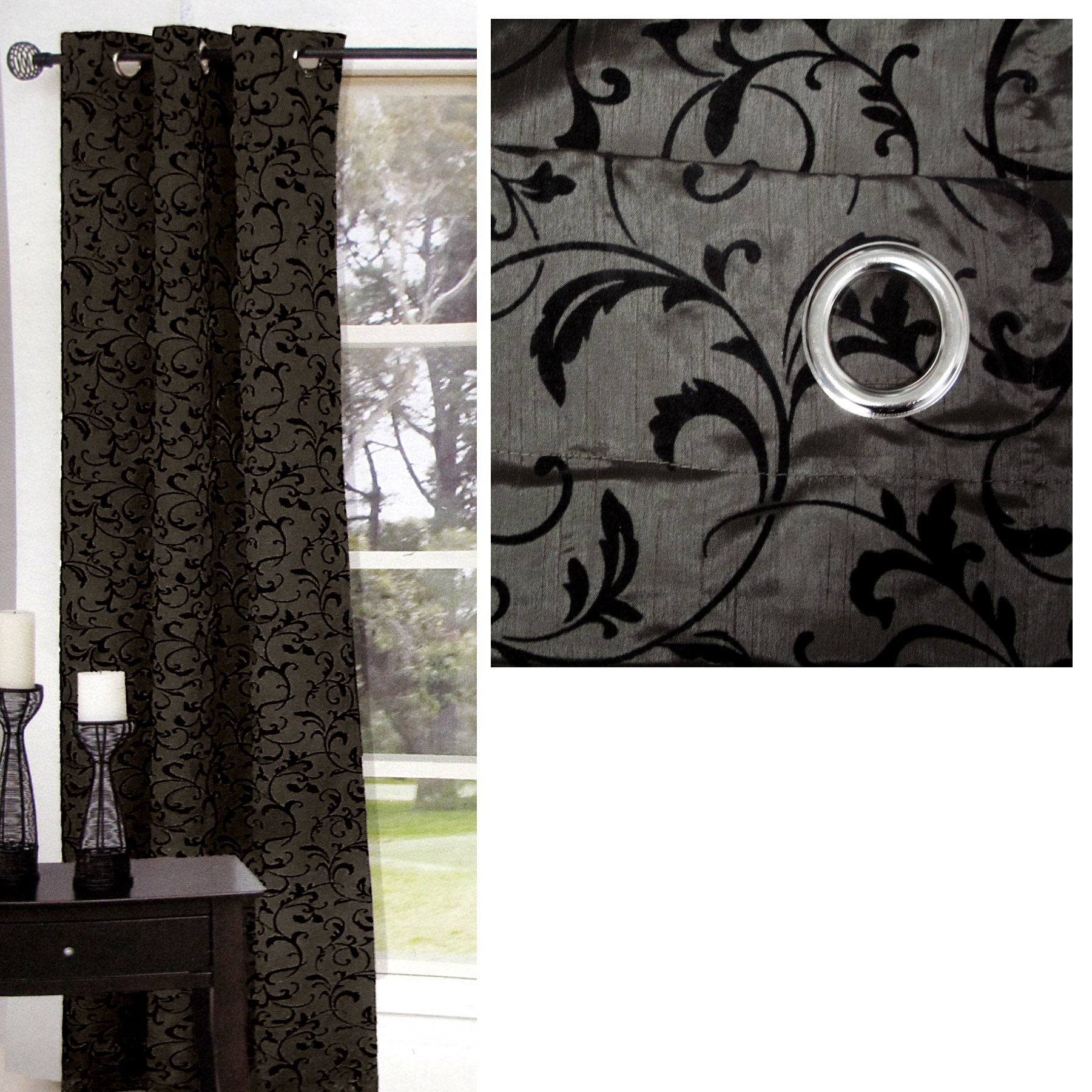 Options Flocking Floral Curtain 110 x 213 cm Charcoal - Polyester, Machine Washable - SuperSaverAU - view 1