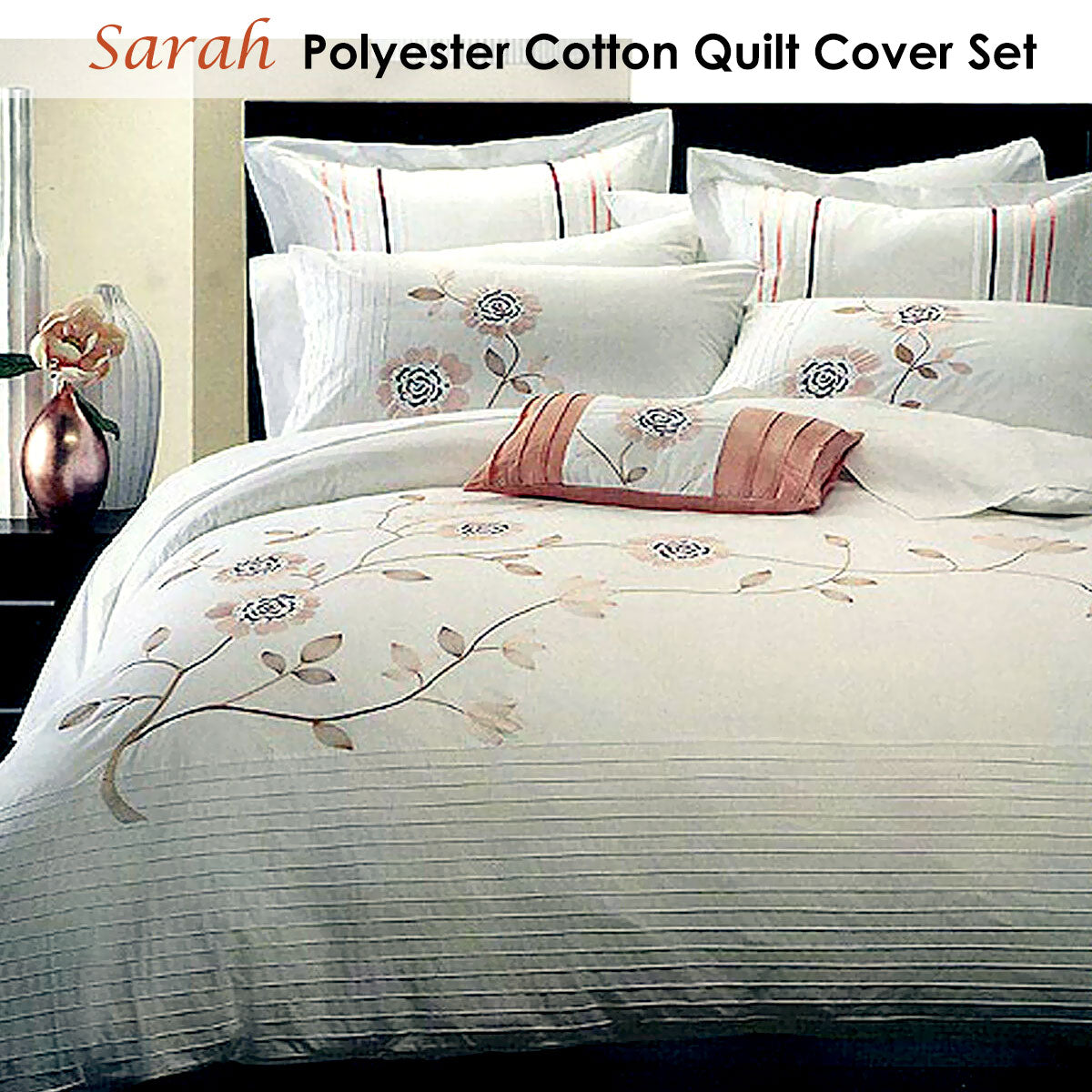 Belmondo Queen Floral Embroidery Polyester Cotton Quilt Cover Set - SuperSaverAU - view 1