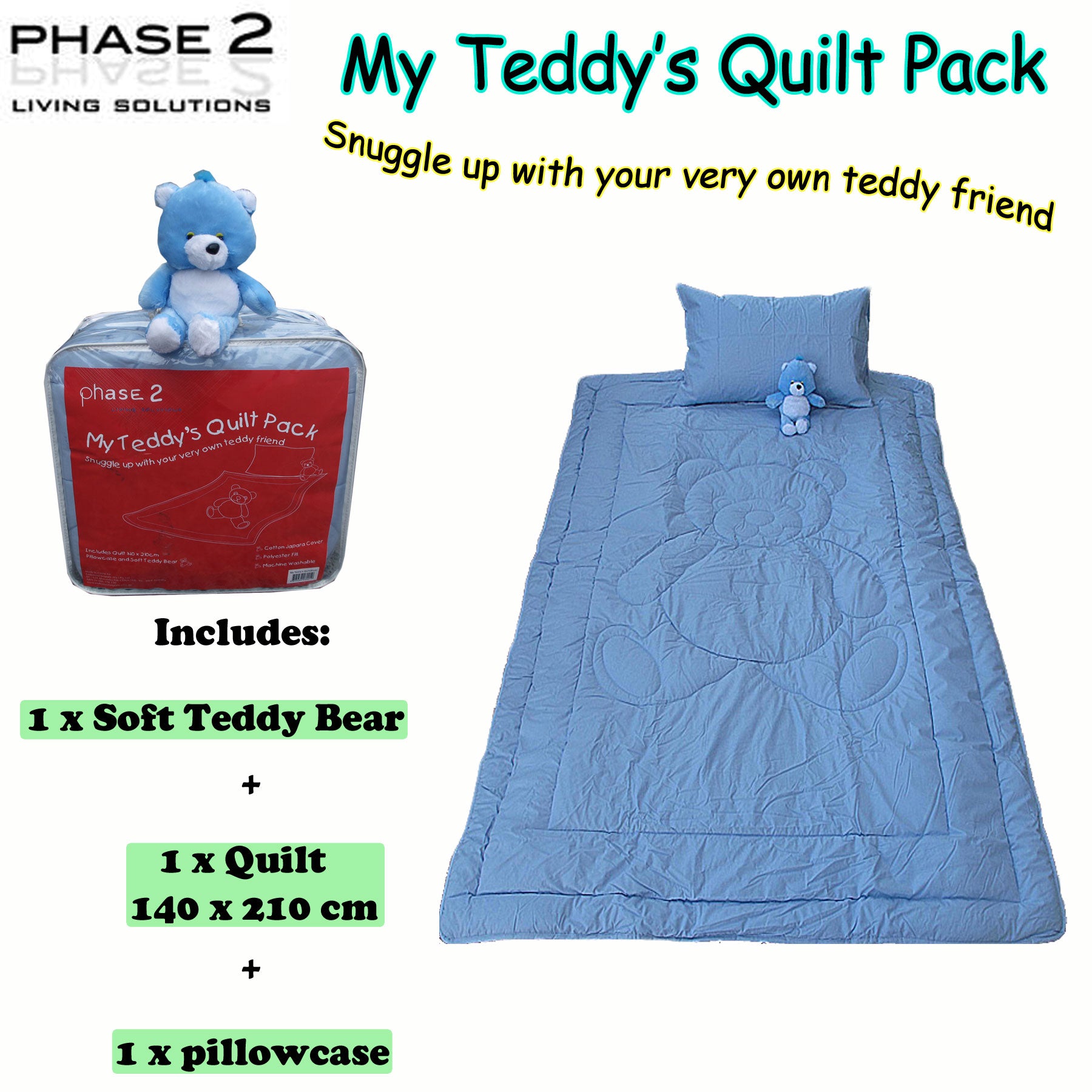 Phase 2 My Teddy's Quilt / Comforter Set with Toy Blue Single 140x210cm - SuperSaverAU - view 2