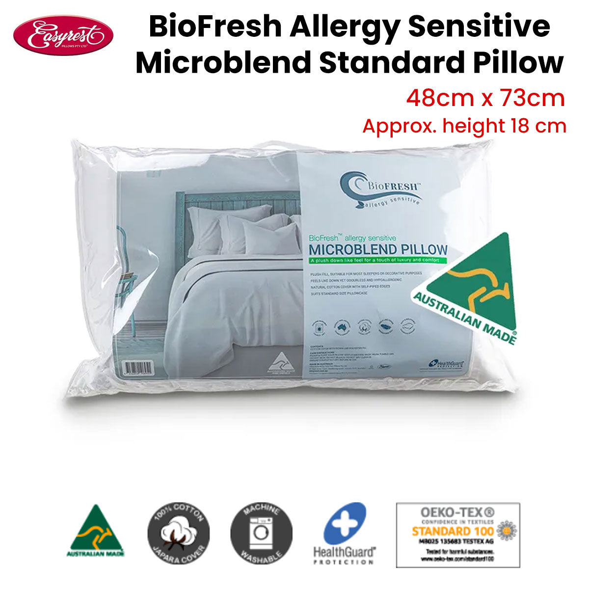 Easyrest BioFresh Allergy Sensitive Microblend Pillow 48 x 73 cm - Hypoallergenic, Cotton Cover - SuperSaverAU - view 2