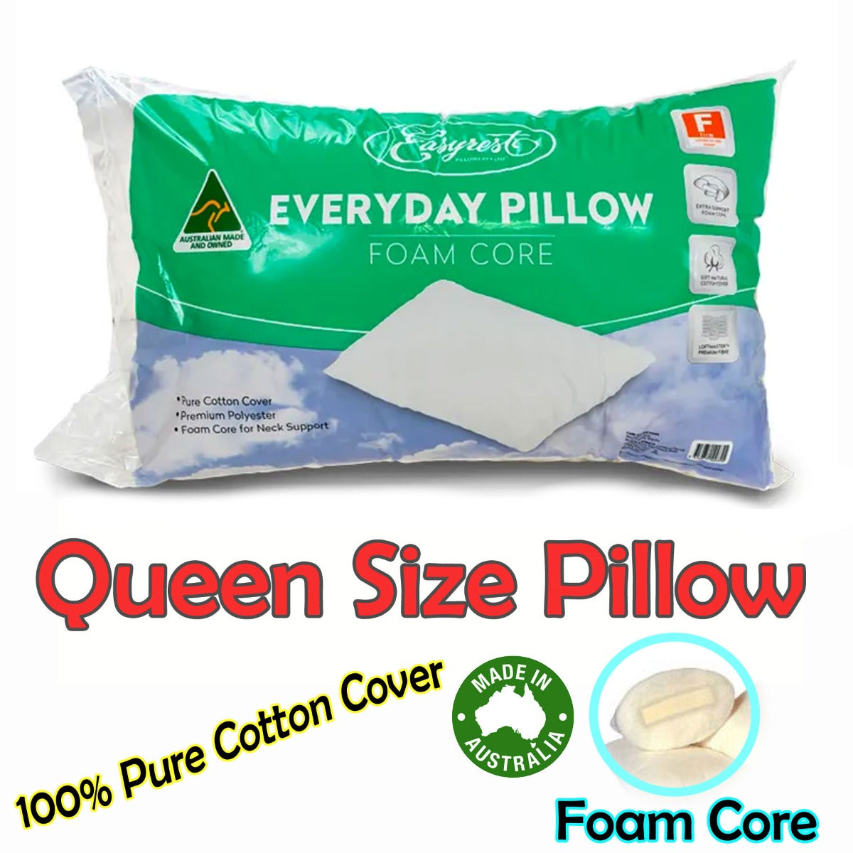 Easyrest Foam Cored Queen Sized Pillow - 100% Pure Cotton, Super Soft, Non-Allergenic - SuperSaverAU - view 2