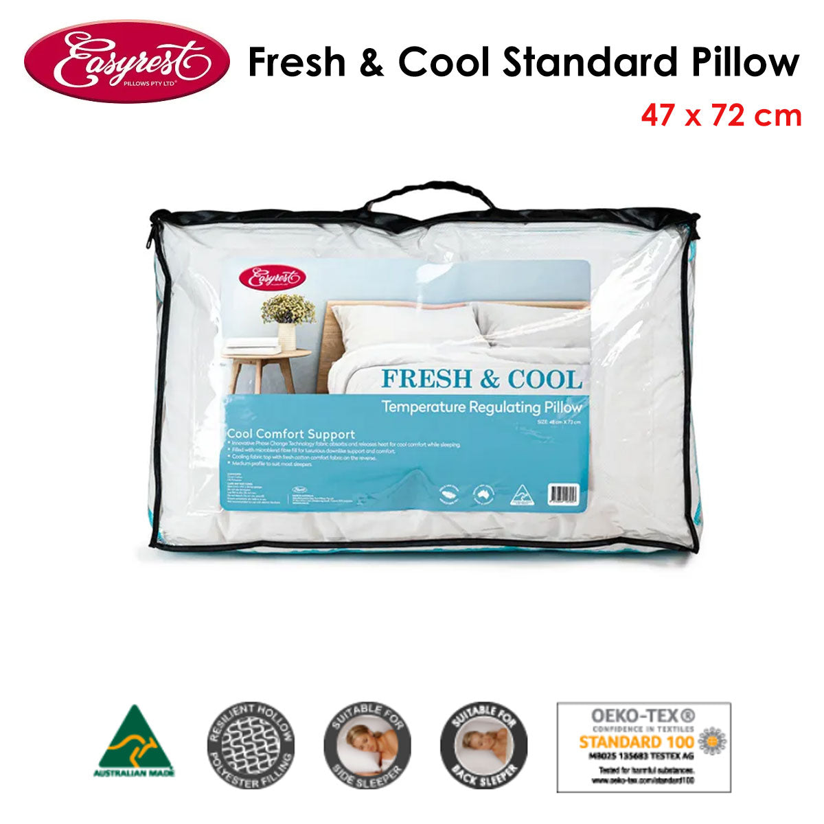Easyrest Fresh and Cool Standard Pillow 47 x 72 cm - Cooling Fabric, Australian Made - SuperSaverAU - view 2