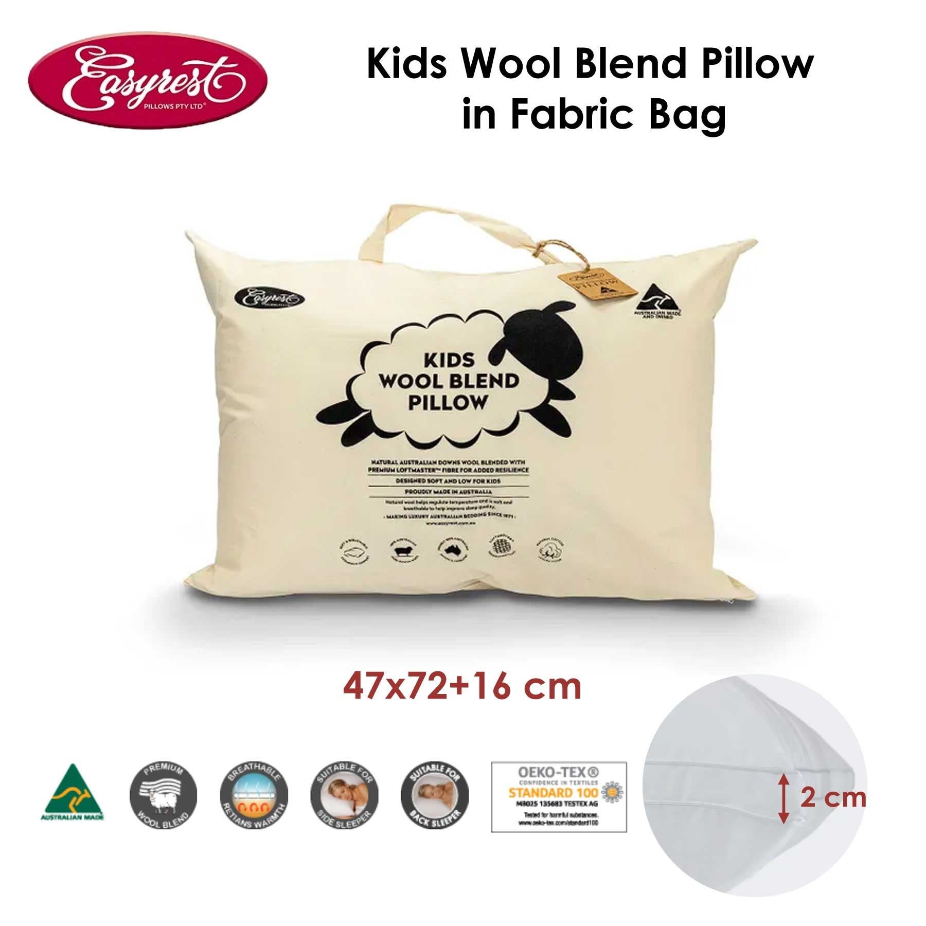 Easyrest Kids Wool Blend Standard Pillow 47x72+16cm with Lavender Infused Cotton Cover - SuperSaverAU - view 2
