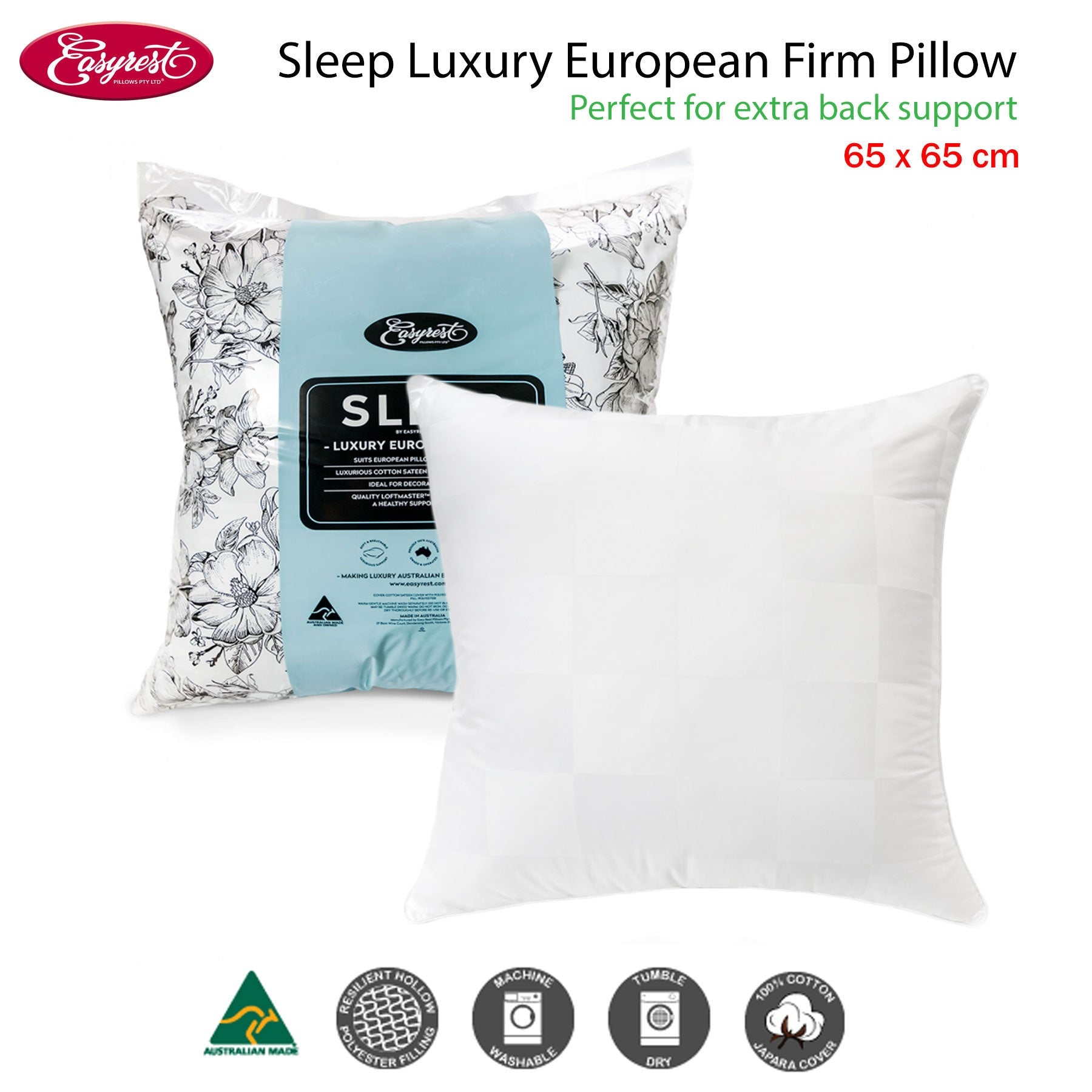 Easyrest Sleep Luxury European Firm Pillow 65 x 65 cm, Cotton Sateen, Medium Support - SuperSaverAU - view 2