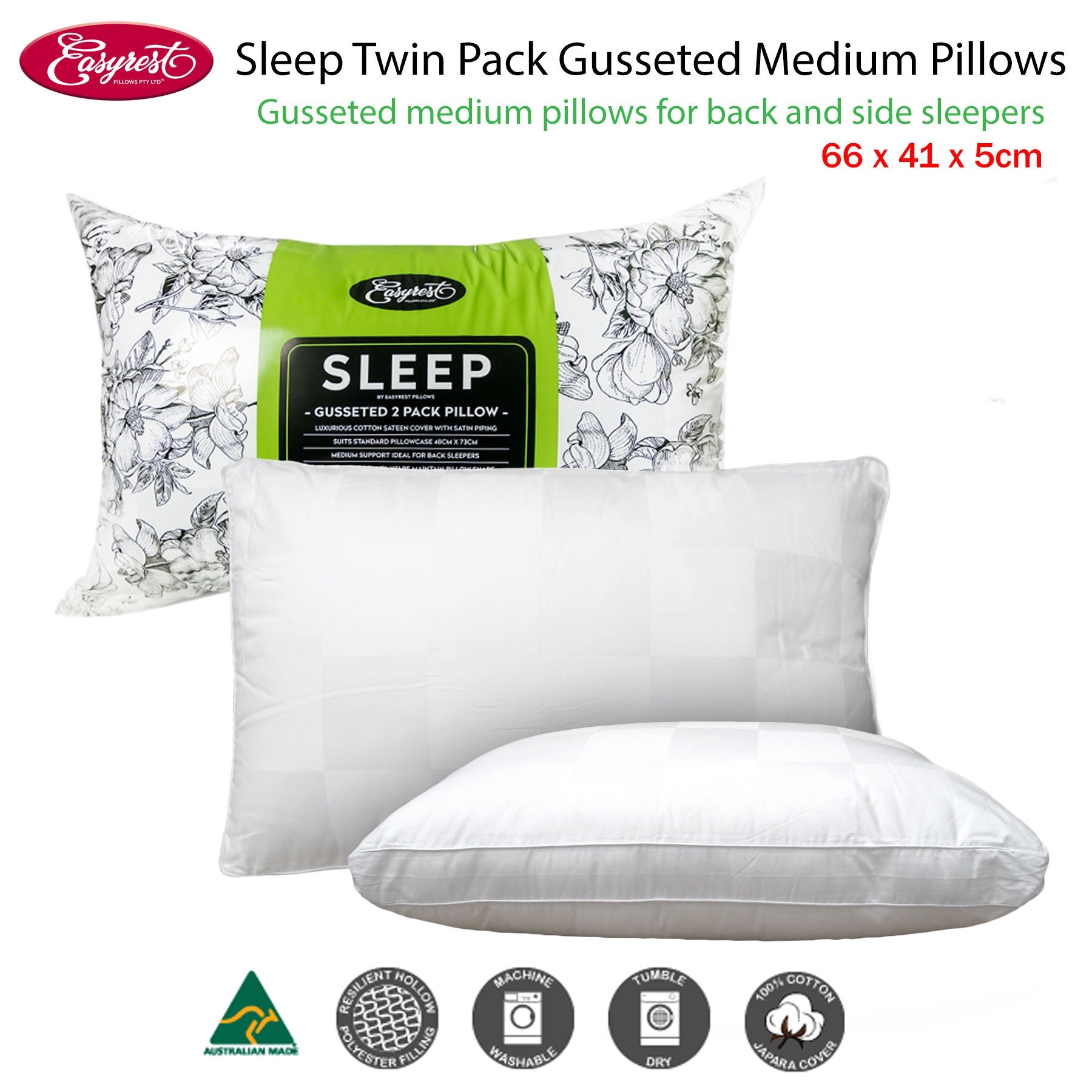 Easyrest Sleep Twin Pack Gusseted Medium Standard Pillows 66 x 41 x 5 cm, 550g - SuperSaverAU - view 2