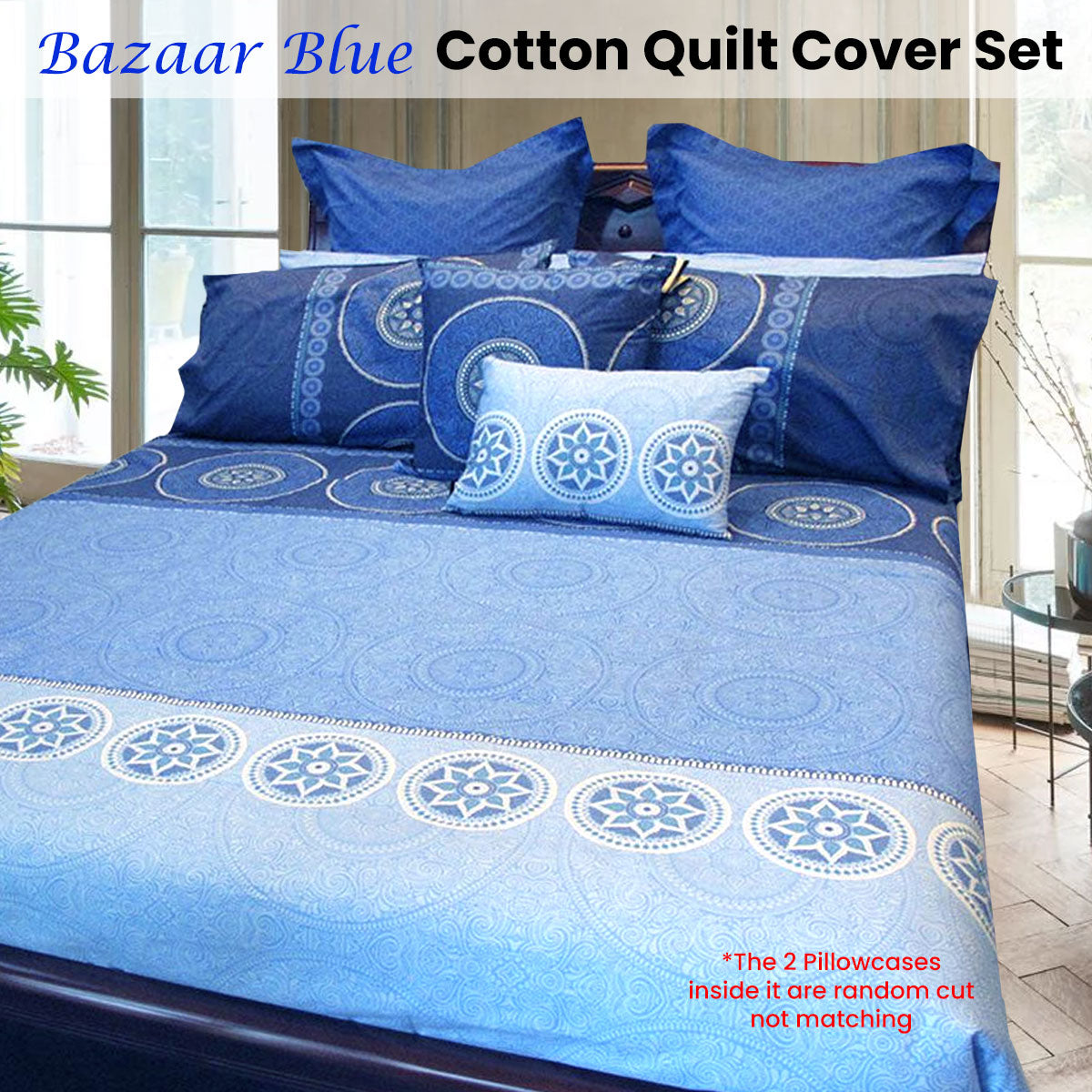 Hotel Living Bazaar Quilt Cover Set - Blue - King - 100% Cotton, Machine Washable - SuperSaverAU - view 2