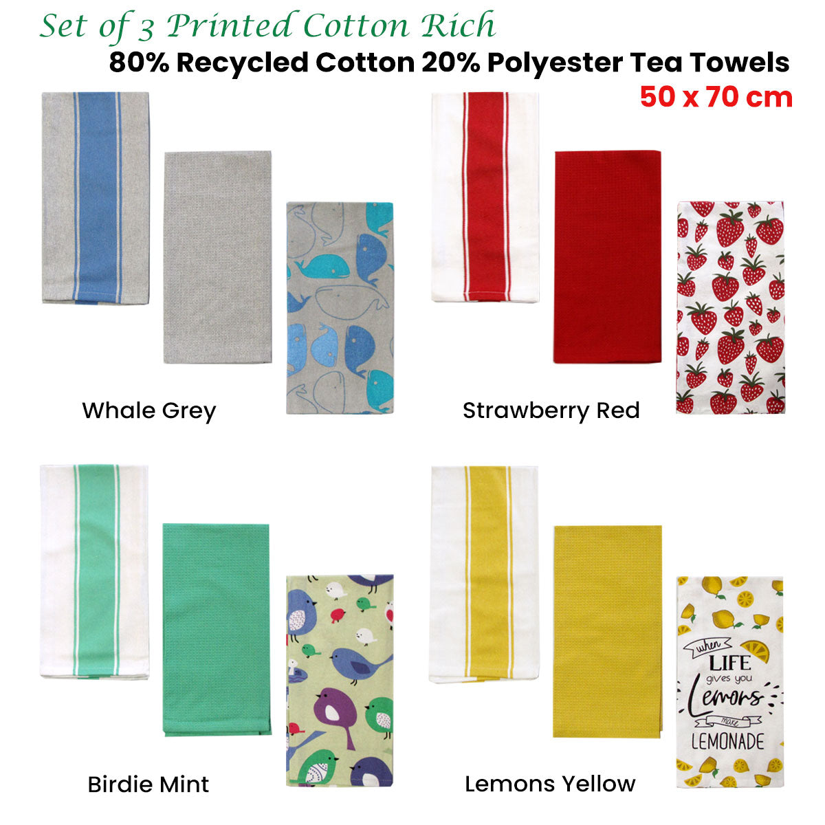 Home Oasis Printed Cotton Rich Tea Towels - Lemon Yellow, 3 Pack