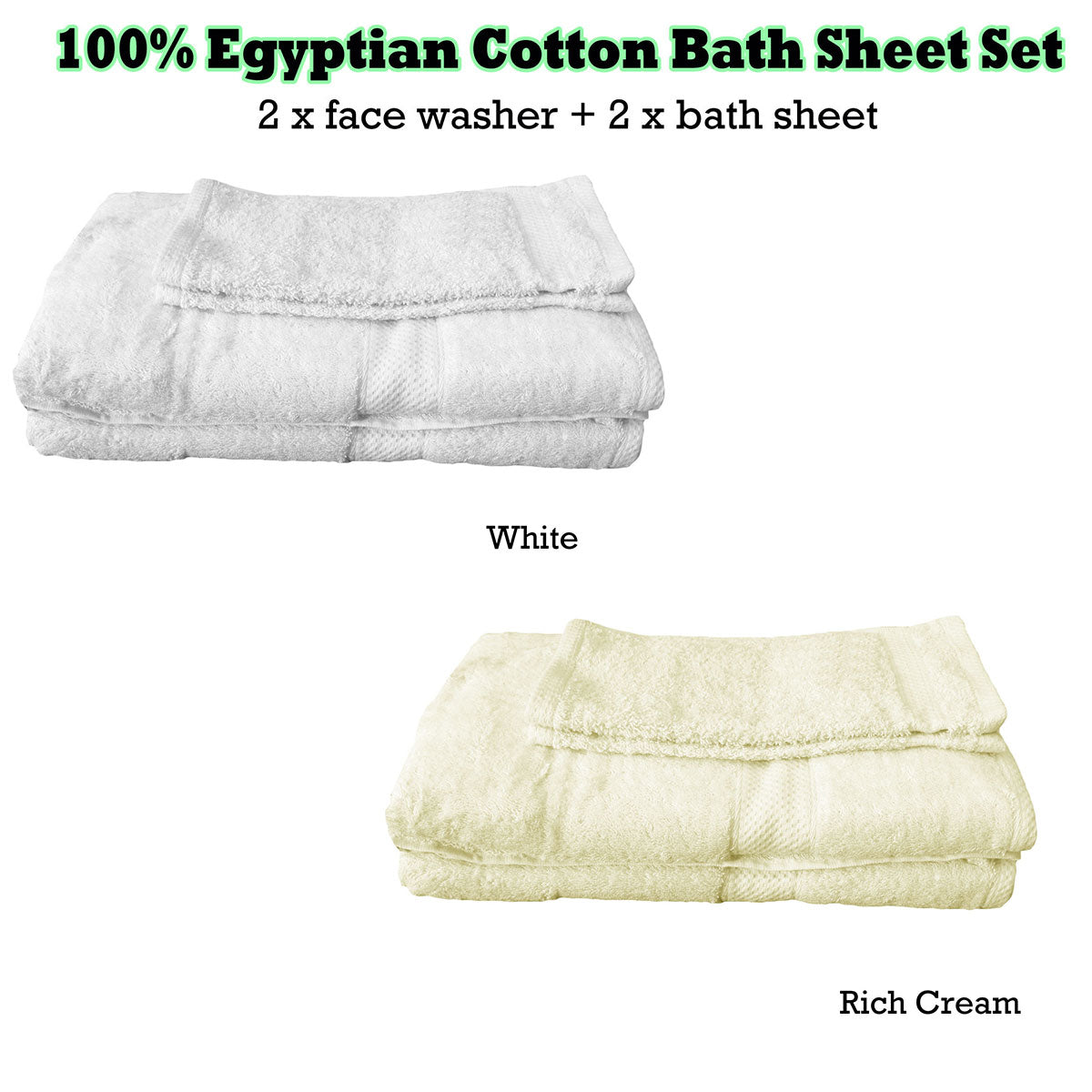 Egyptian Cotton Extra Large Bath Sheets & Face Washers Set - 4 Pieces, Rich Cream - SuperSaverAU - view 1