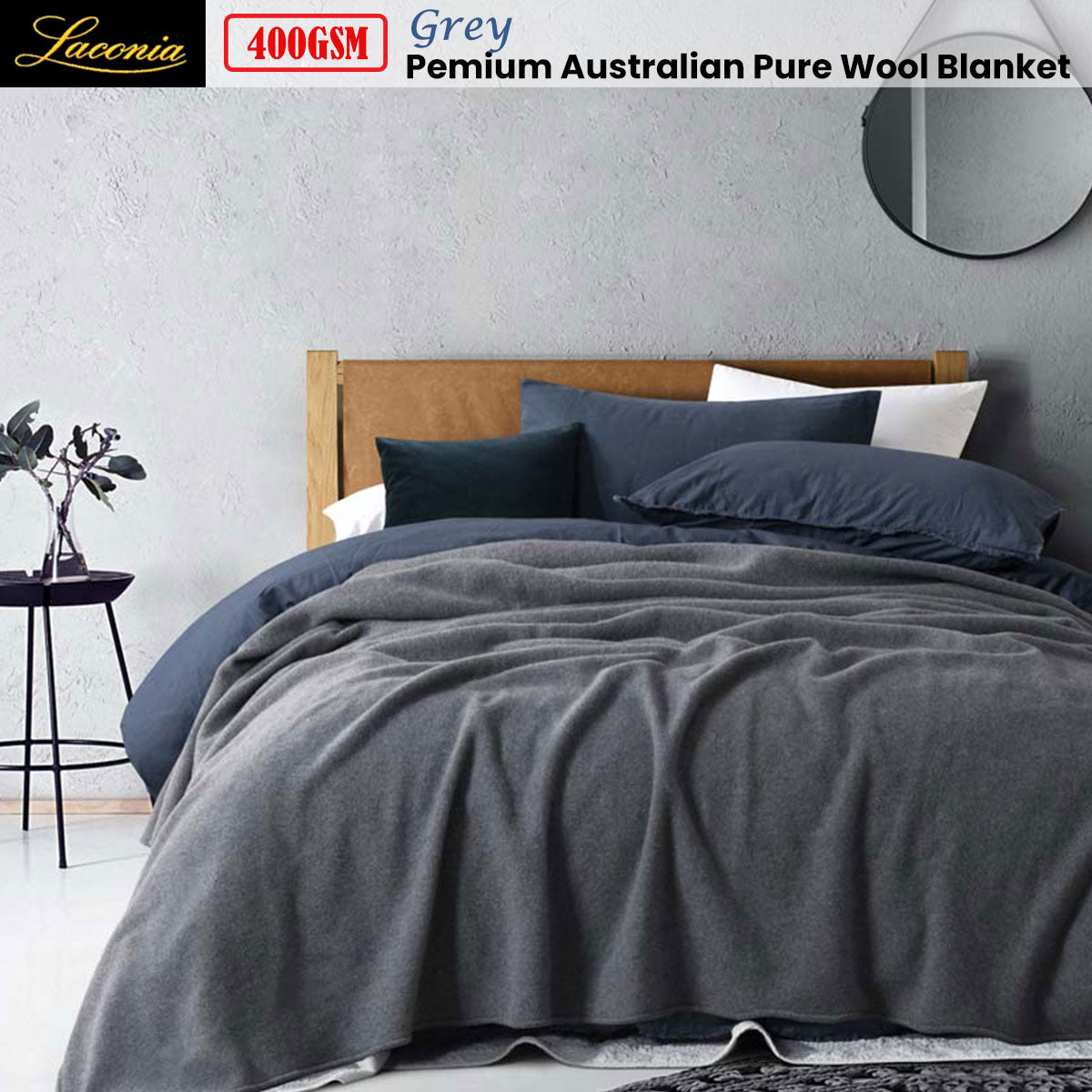 Premium Laconia Australian Wool Blanket 400GSM - Grey Single