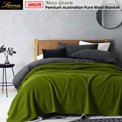 Laconia 400GSM Premium Australian Pure Wool Blanket Moss Green Double - SuperSaverAU - view 1