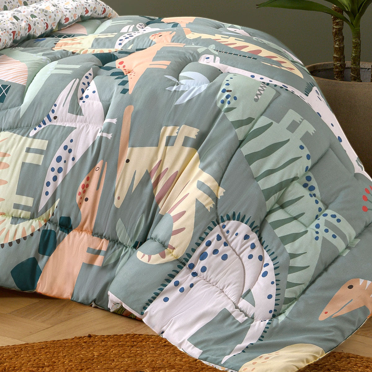 Happy Kids Dino Mania Comforter Set with Cotton Cover - Green, Single