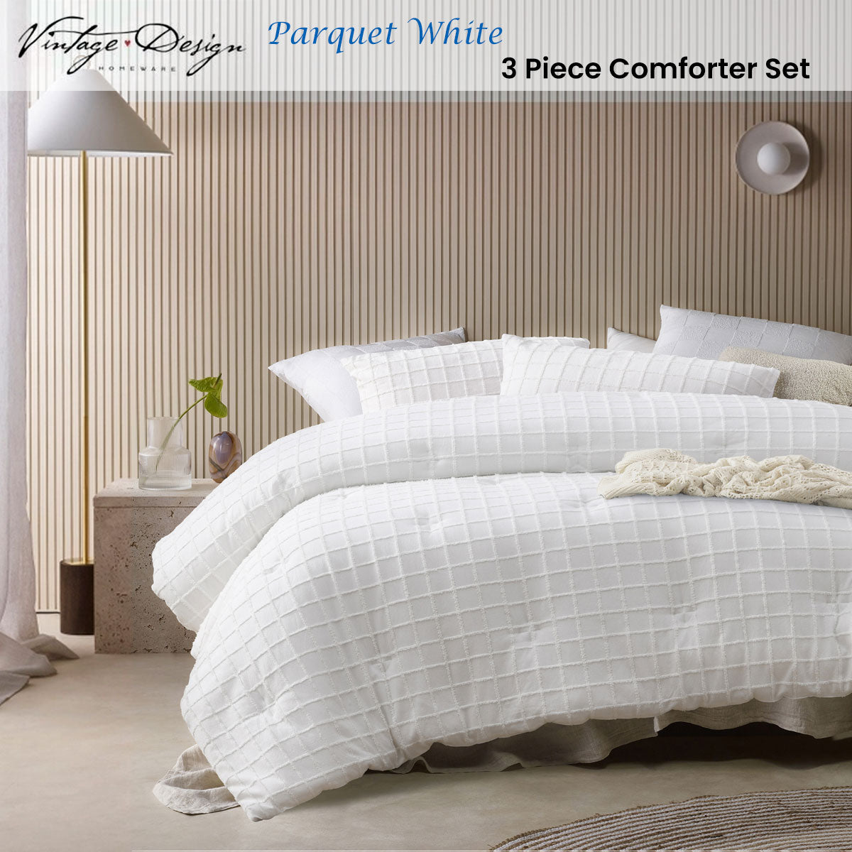 Vintage Design Homewares King Comforter Set - 3 Pcs Parquet White Chenille Grid - SuperSaverAU - view 1