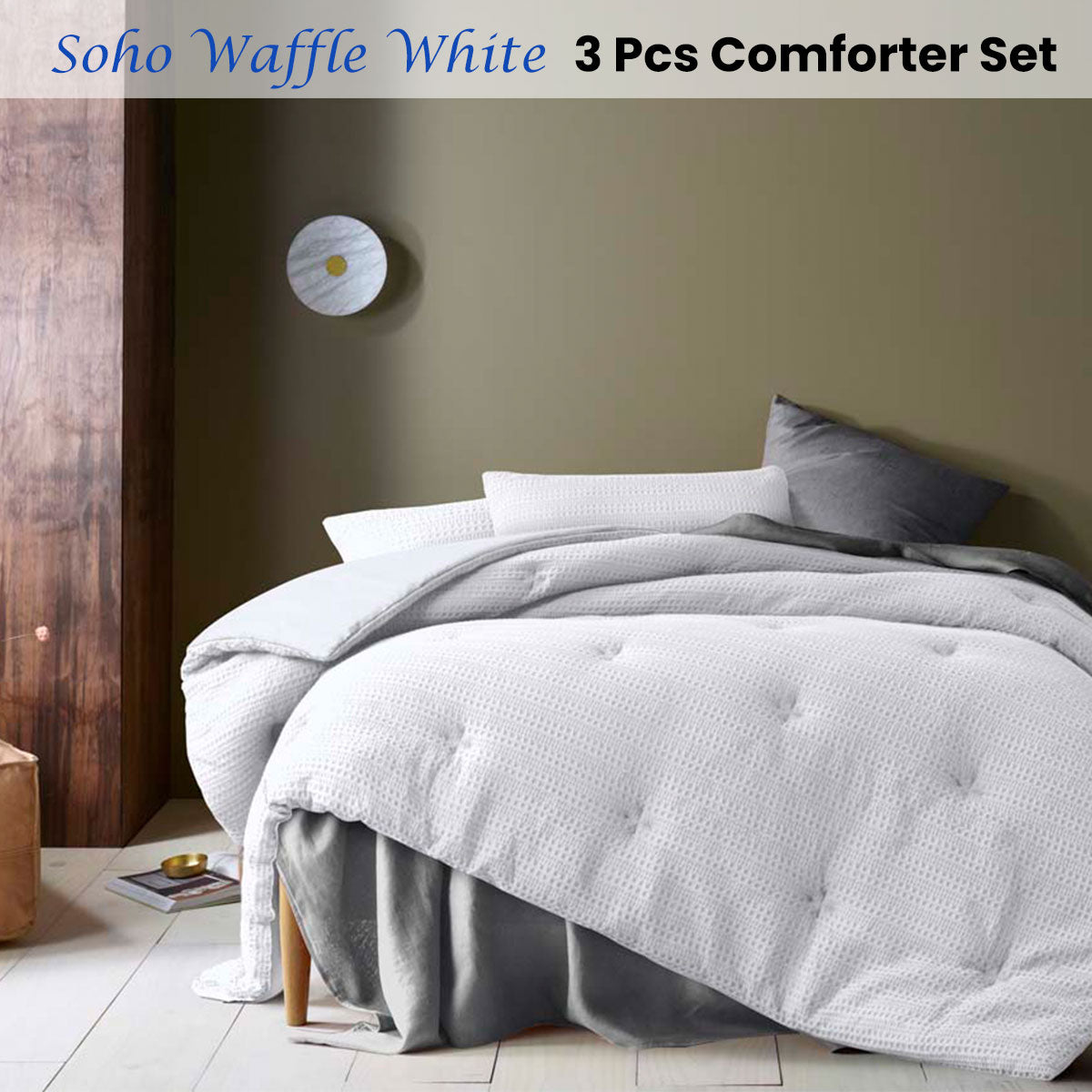 Accessorize Soho Waffle White 3 Piece Comforter Set King - Textured Design, Polyester Filling - SuperSaverAU - view 2