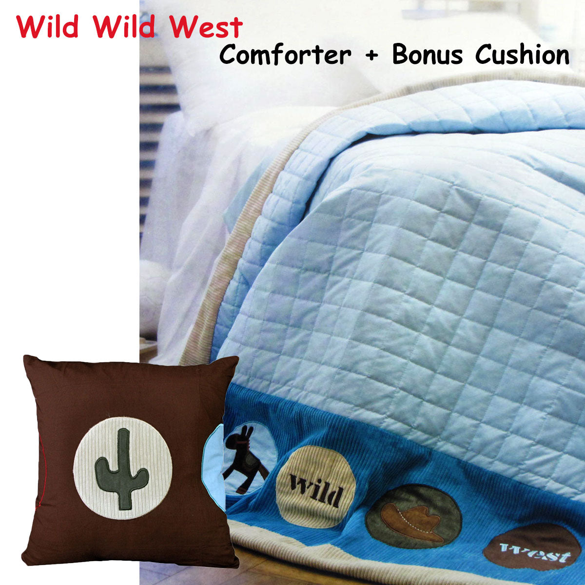 Happy Kids Wild Wild West Blue Embroidered Comforter Single 140 x 210 cm with Cushion - SuperSaverAU - view 2