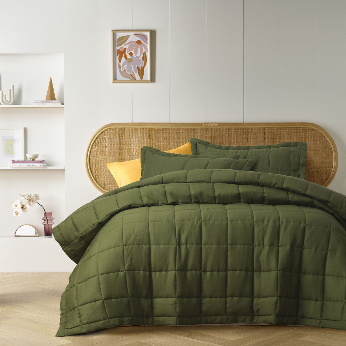 Vintage Design Homewares Olive French Linen Coverlet Set Queen - Quilted Squares Design - SuperSaverAU - view 1