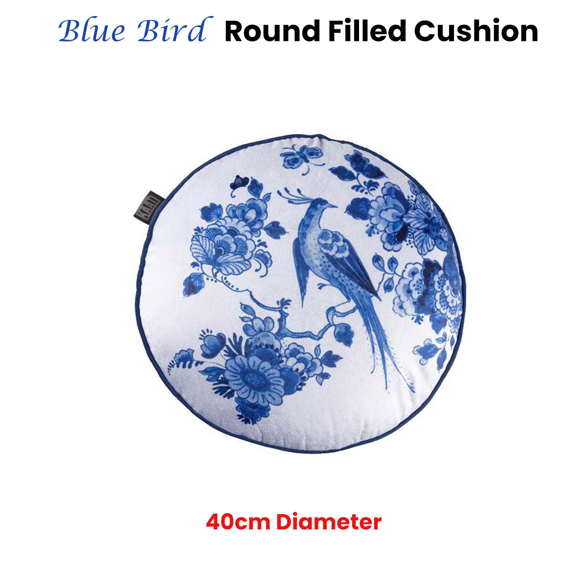 Bedding House Blue Bird Round Filled Cushion 40cm Diameter, Floral Print Design - SuperSaverAU - view 2