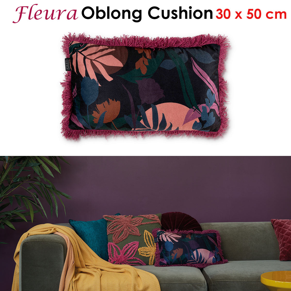 Bedding House Fleura Multi Botanical Print Cushion 30 x 50 cm with Tassels - SuperSaverAU - view 2