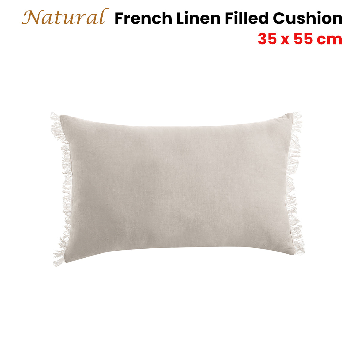 Vintage Design Homewares Natural French Linen Cushion Oblong 35cm x 55cm Frayed Edge - SuperSaverAU - view 1