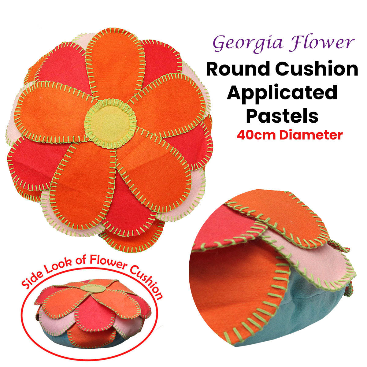 Girls Georgia Flower Applique Round Filled Cushion 40 cm - Floral Design - SuperSaverAU - view 2