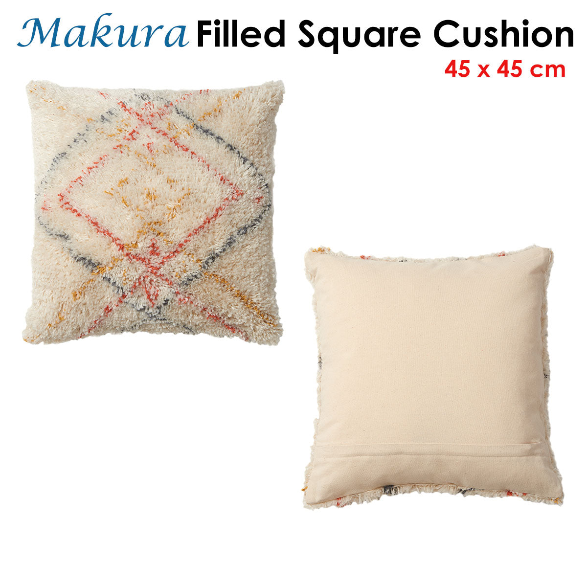 Accessorize Makura Filled Square Cushion 45x45cm Applique Design Natural Red Black Yellow - SuperSaverAU - view 1