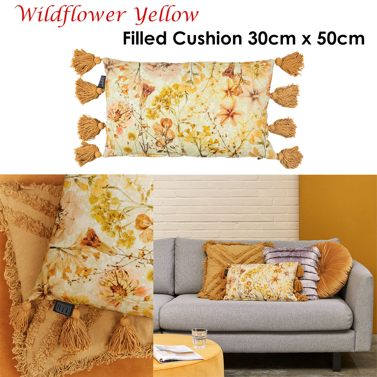 Bedding House Wildflower Yellow Fringe Cushion 30 x 50 cm, 100% Cotton - SuperSaverAU - view 1