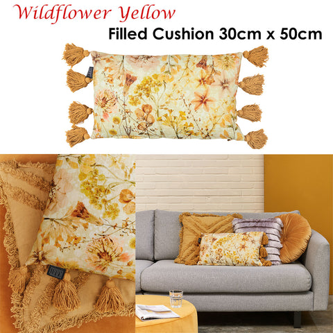 Bedding House Wildflower Yellow Fringe Cushion 30 x 50 cm, 100% Cotton - SuperSaverAU - view 1
