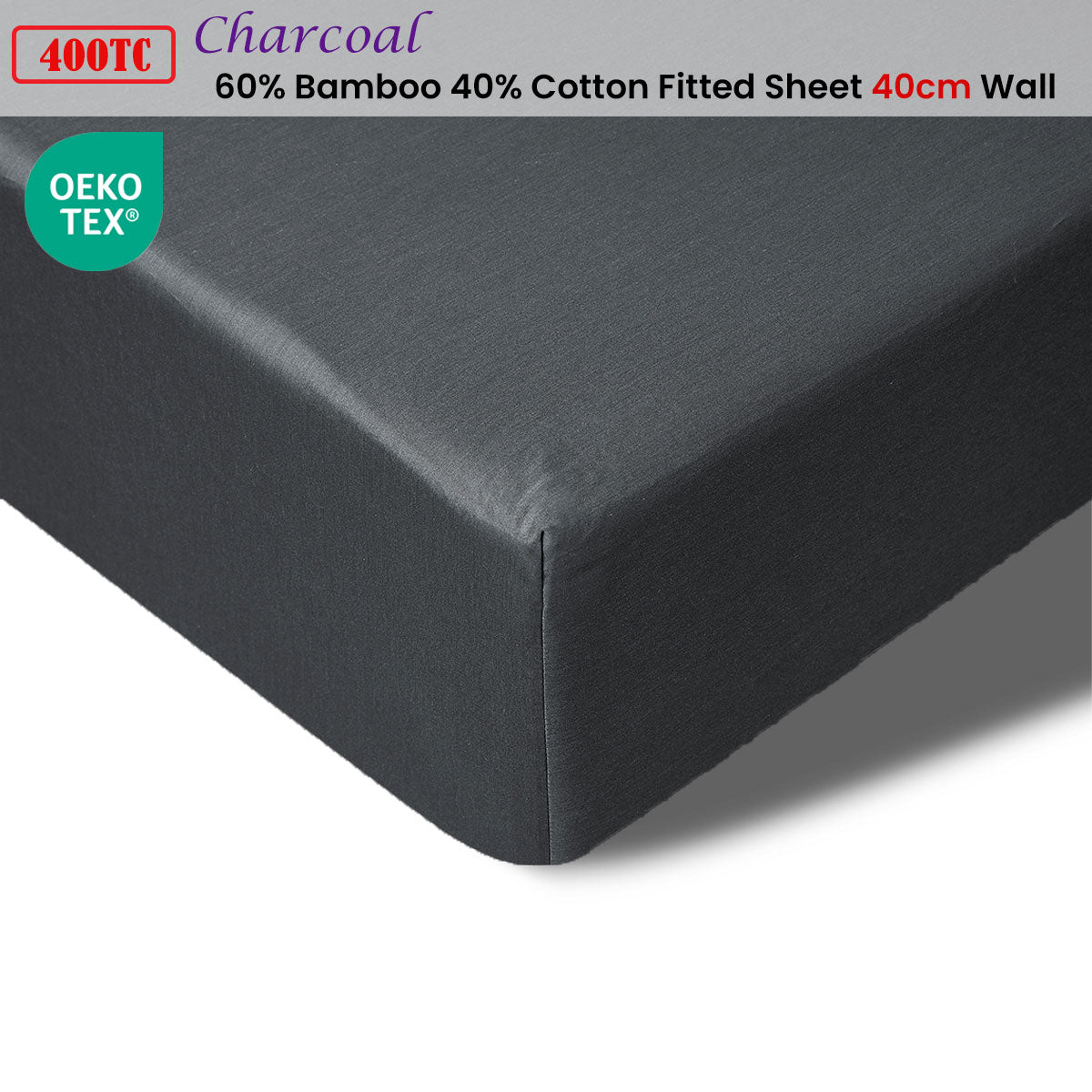 Accessorize 400TC Charcoal Bamboo Cotton Fitted Sheet 40cm Wall - Single - SuperSaverAU - view 2