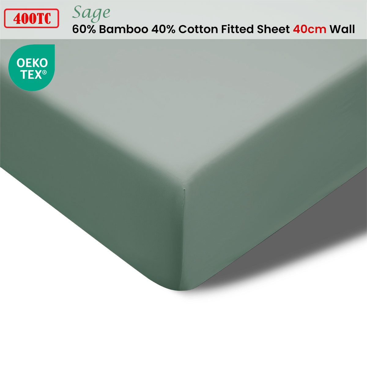 Accessorize 400TC Sage Bamboo Cotton Fitted Sheet 40cm Wall King Single - SuperSaverAU - view 2