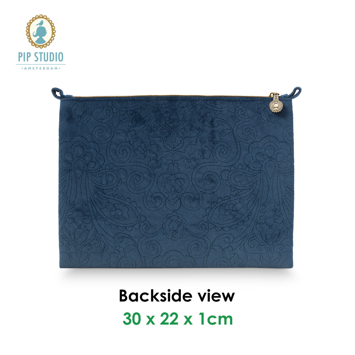 PIP Studio Velvet Quilted Dark Blue Large Cosmetic Flat Pouch with Floral Stitching - SuperSaverAU - view 3