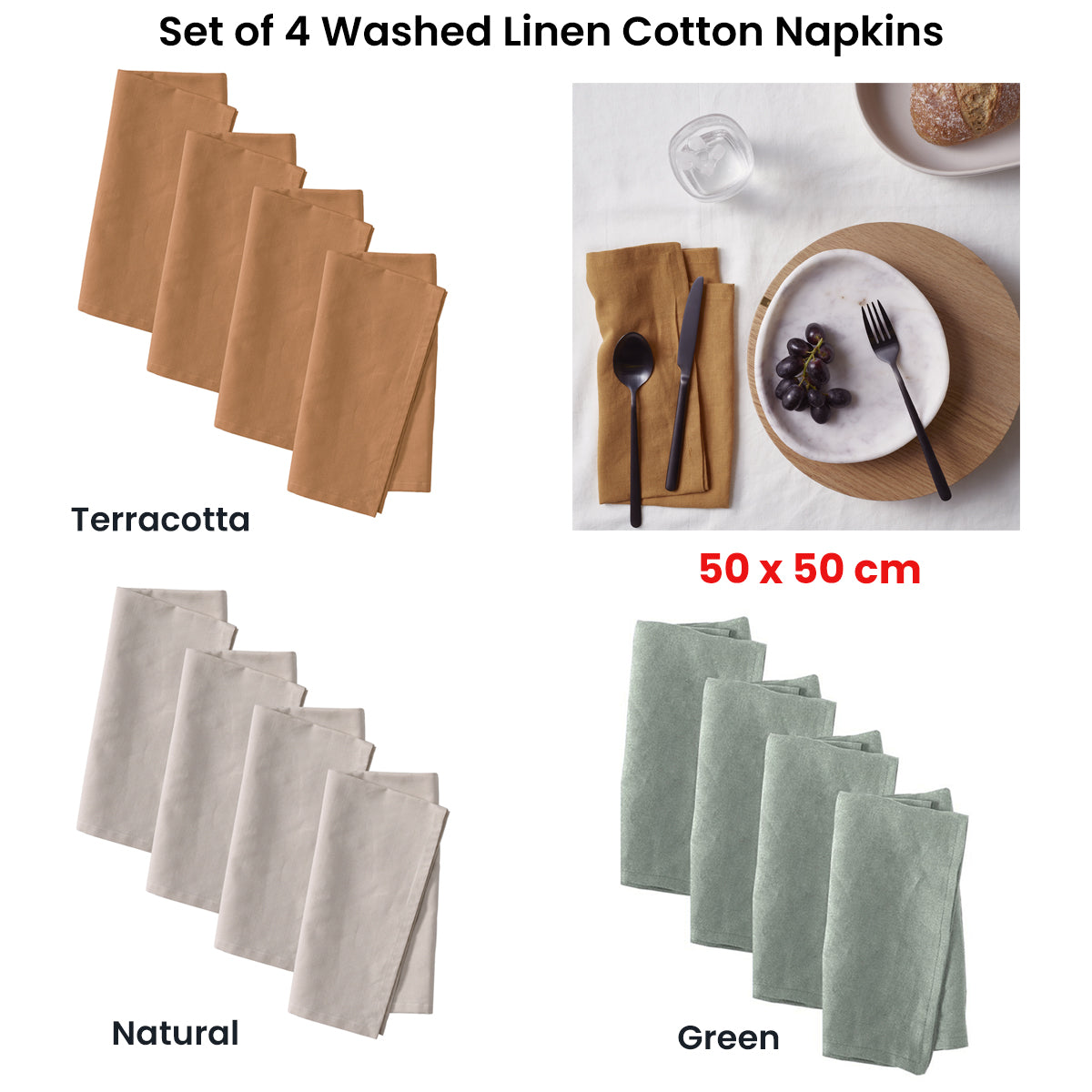 Vintage Design Homewares Set of 4 Washed Linen Cotton Square Napkins Green 50cm x 50cm - SuperSaverAU - view 2