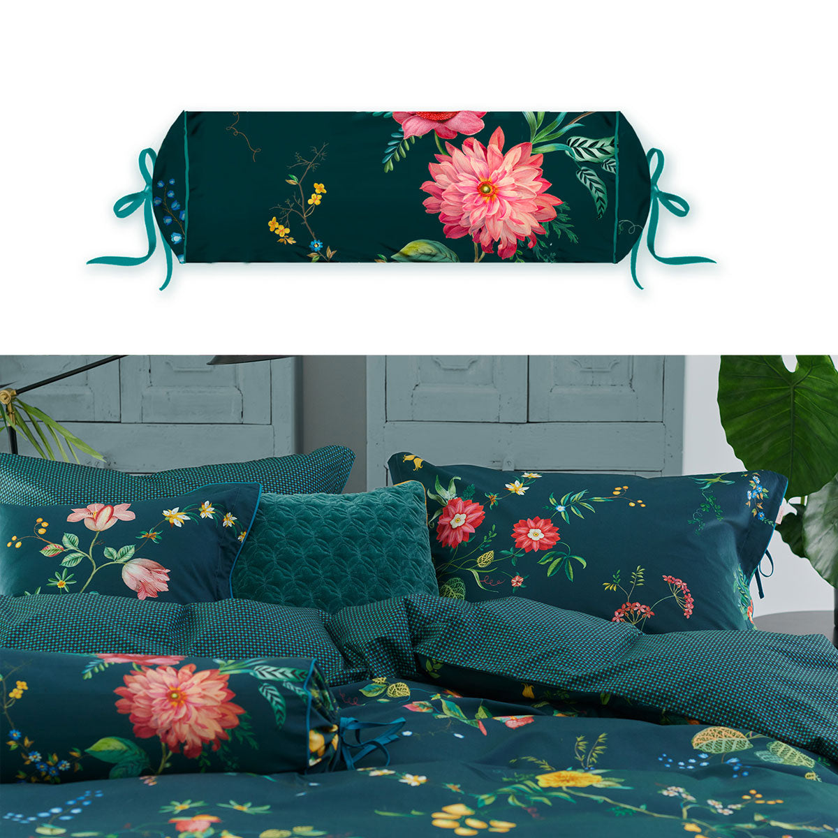 PIP Studio Floral Print Dark Blue Neck Roll Cushion 22x70 cm - SuperSaverAU - view 1