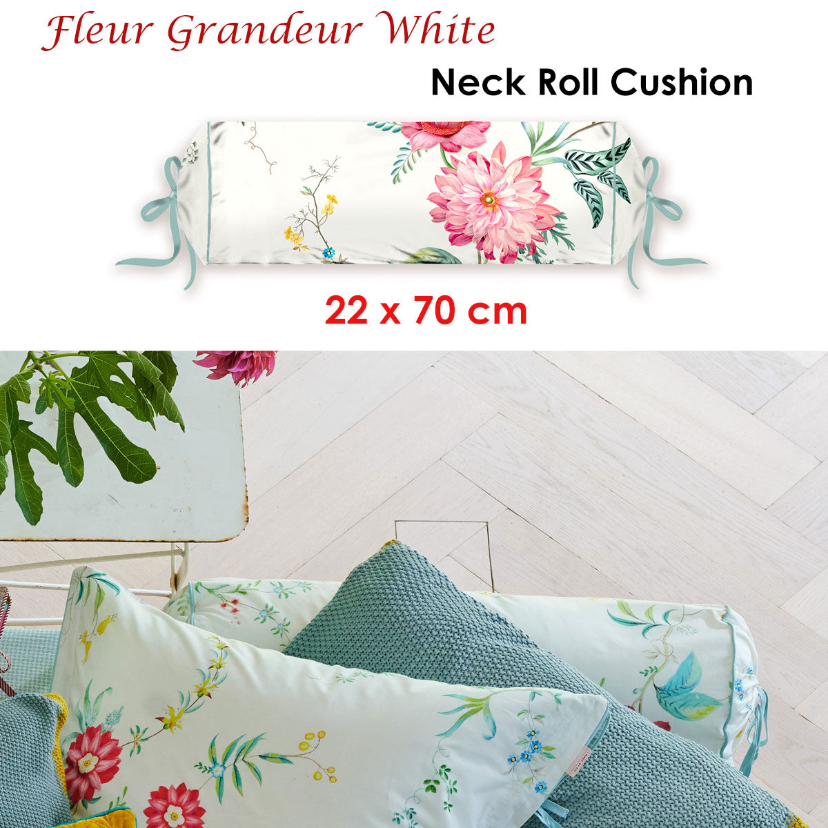 PIP Studio Floral Print Neck Roll Cushion 22x70 cm with Tie Closure - SuperSaverAU - view 2