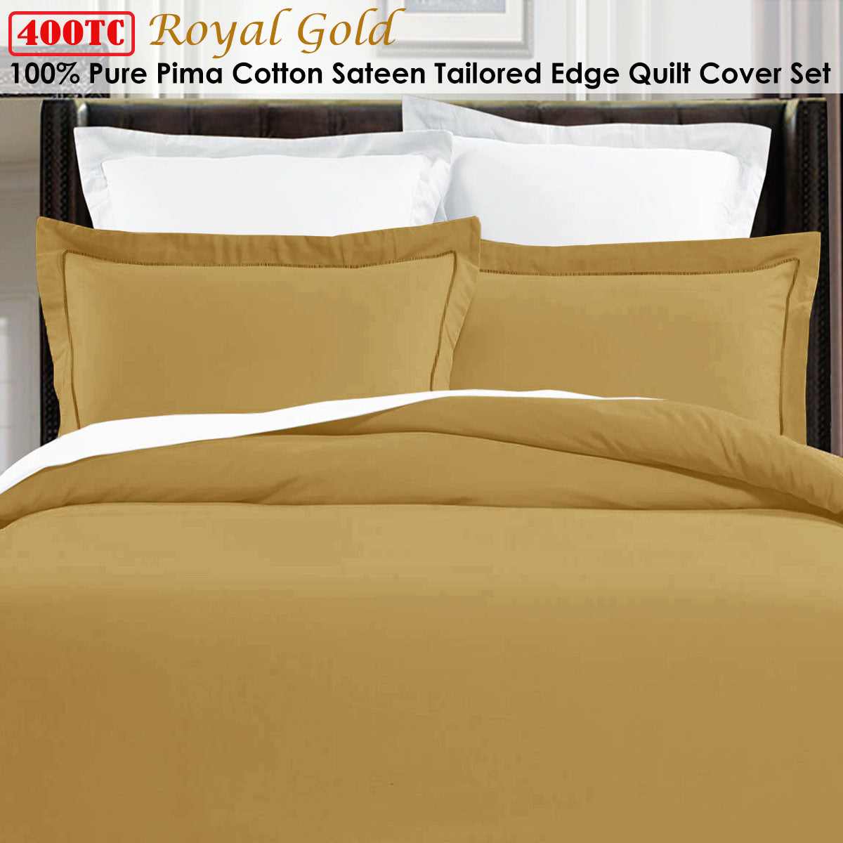 Grand Aterlier 400TC 100% Pima Cotton Tailored Edge Quilt Cover Set King Royal Gold - SuperSaverAU - view 1