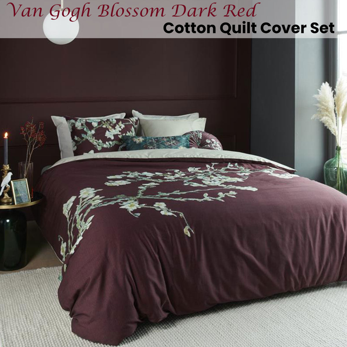 Bedding House Van Gogh Blossom Dark Red Cotton Quilt Cover Set King - Floral Design - SuperSaverAU - view 2